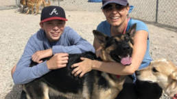 A volunteer duo consisting of a mom and son holding a german shepherd outside.